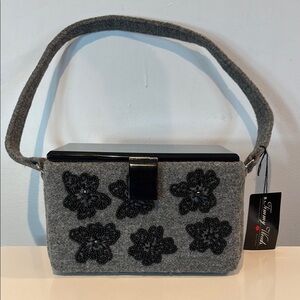 Timmy Woods Charcoal Gray Wool Felt Beaded  box bag NWT